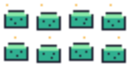 Bilinear comparison, 4×: eight green sprites on a transparent background