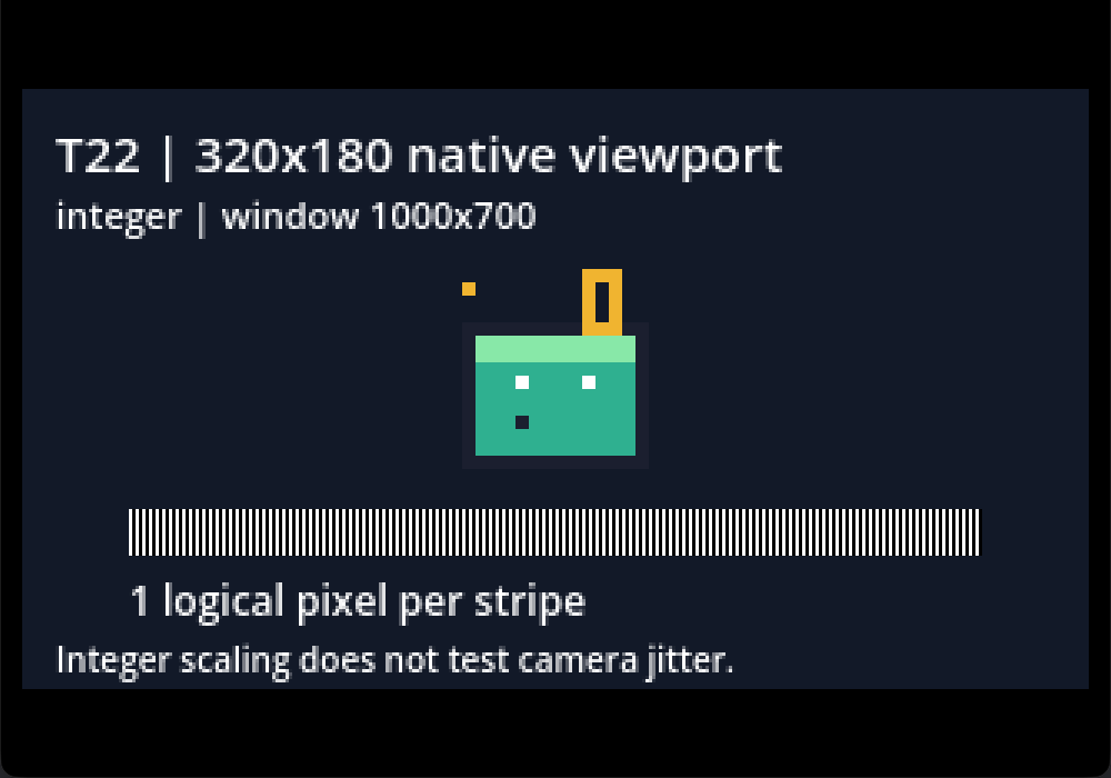 Actual 1000 by 700 Godot window with 960 by 540 integer-scaled content centered inside black letterboxing