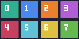 Actual native Tiled map render showing complete numbered tiles 0 through 3 above 4 through 7, without magenta gutters