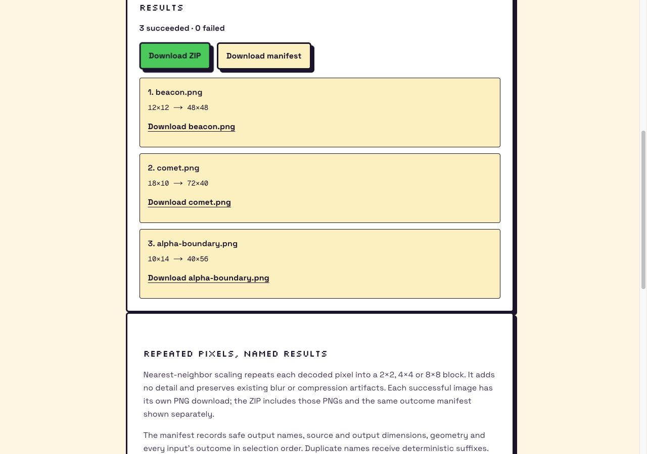 Actual batch tool showing three successful original inputs, their four-times dimensions and individual PNG, ZIP and manifest downloads