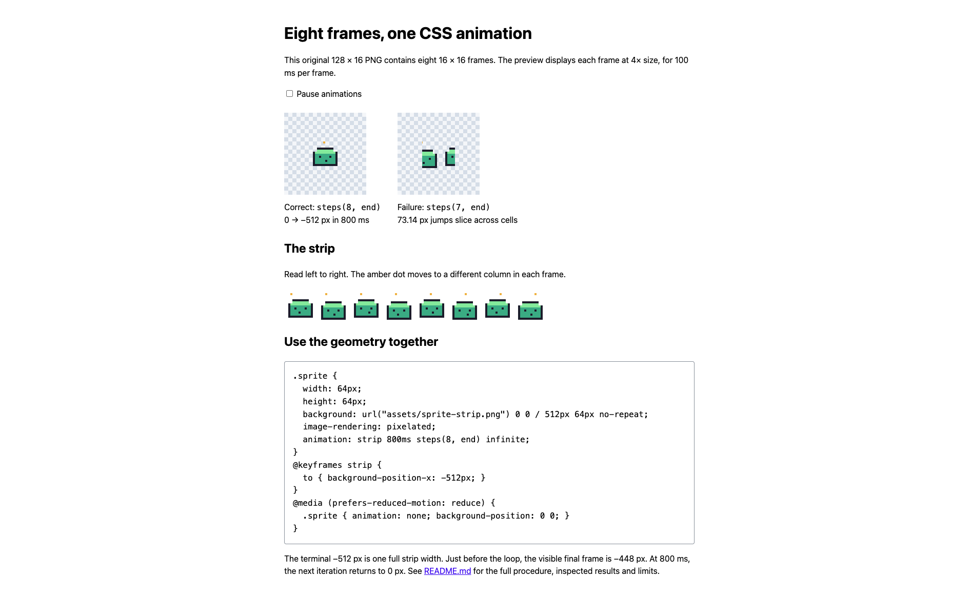 Actual CSS animation capture at 400 ms: correct eight-step sprite intact and incorrect seven-step sprite cut across cells