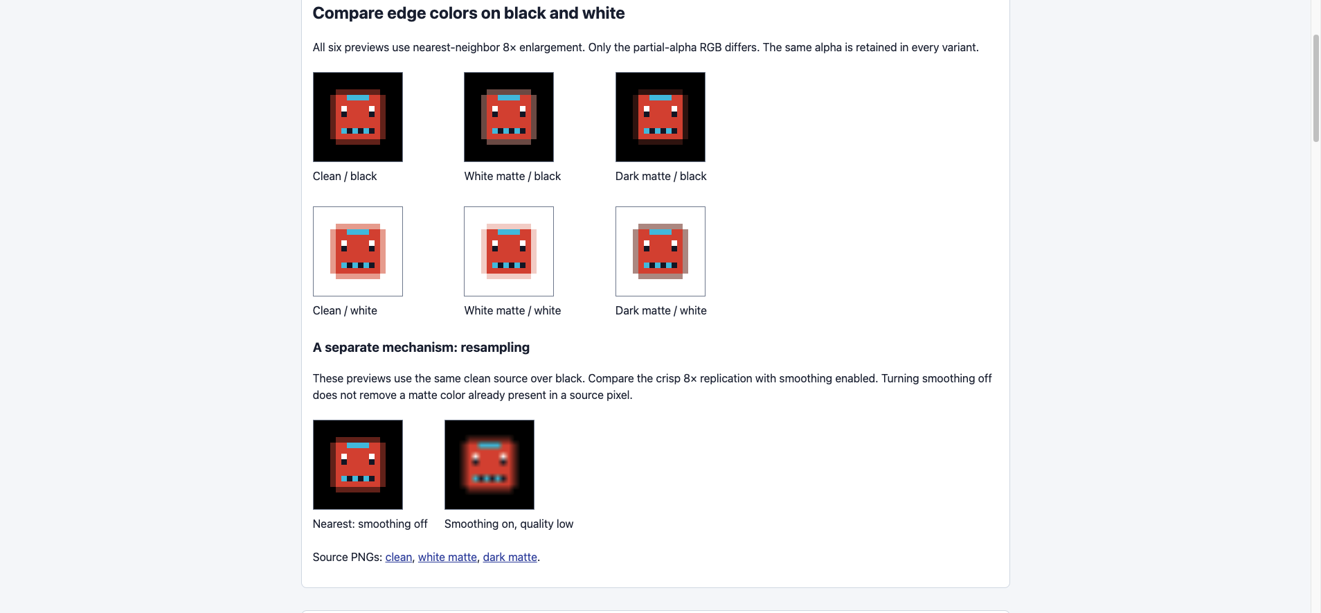 Actual browser capture comparing three edge-color variants over black and white and separate nearest/smoothed previews