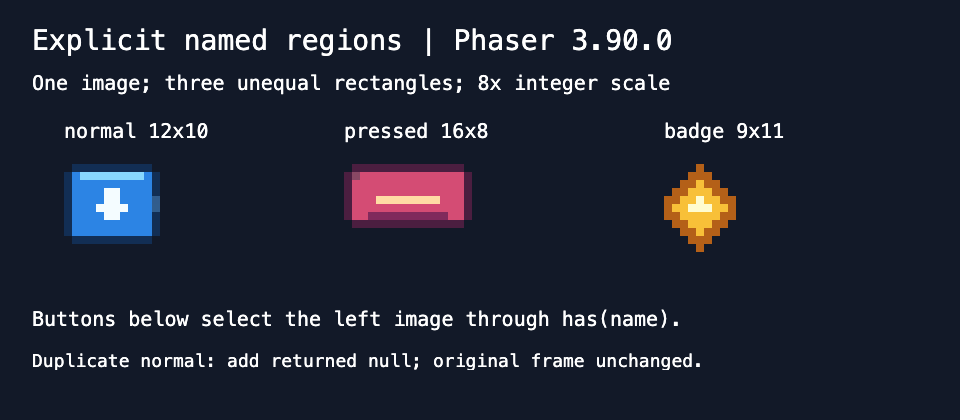 Phaser canvas with the selected normal control on the left, pressed region in the middle and badge on the right.