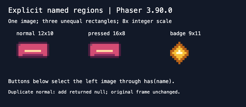 Phaser canvas after selecting Pressed, with pressed controls on the left and middle and the badge unchanged on the right.